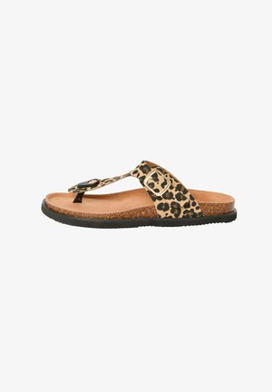 Leopard print flip-flop sandal with a black buckle, cork midsole, and a textured rubber outsole. Features a toe post design.