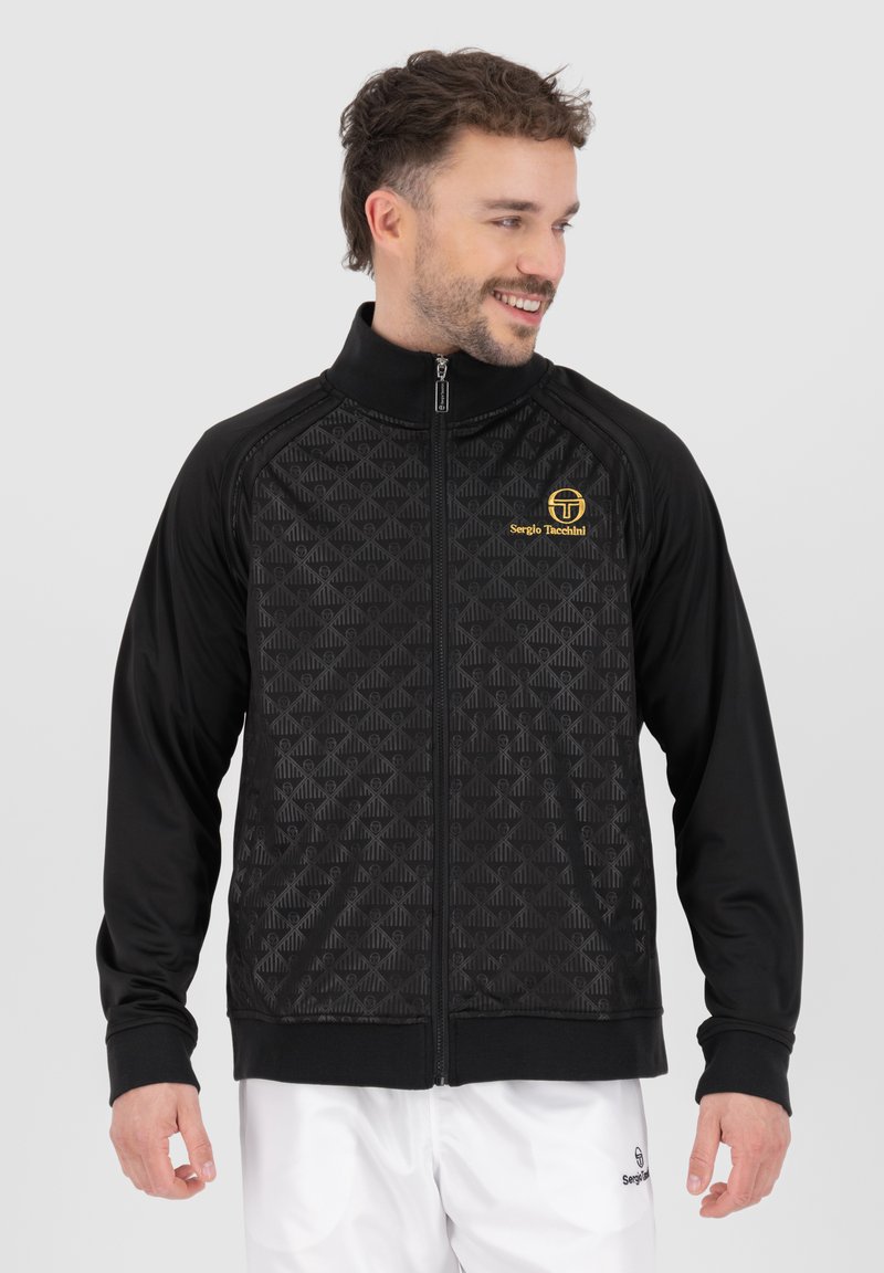 Black zip-up jacket with a textured pattern, high collar, and an embroidered yellow logo on the chest, featuring long sleeves and ribbed cuffs.