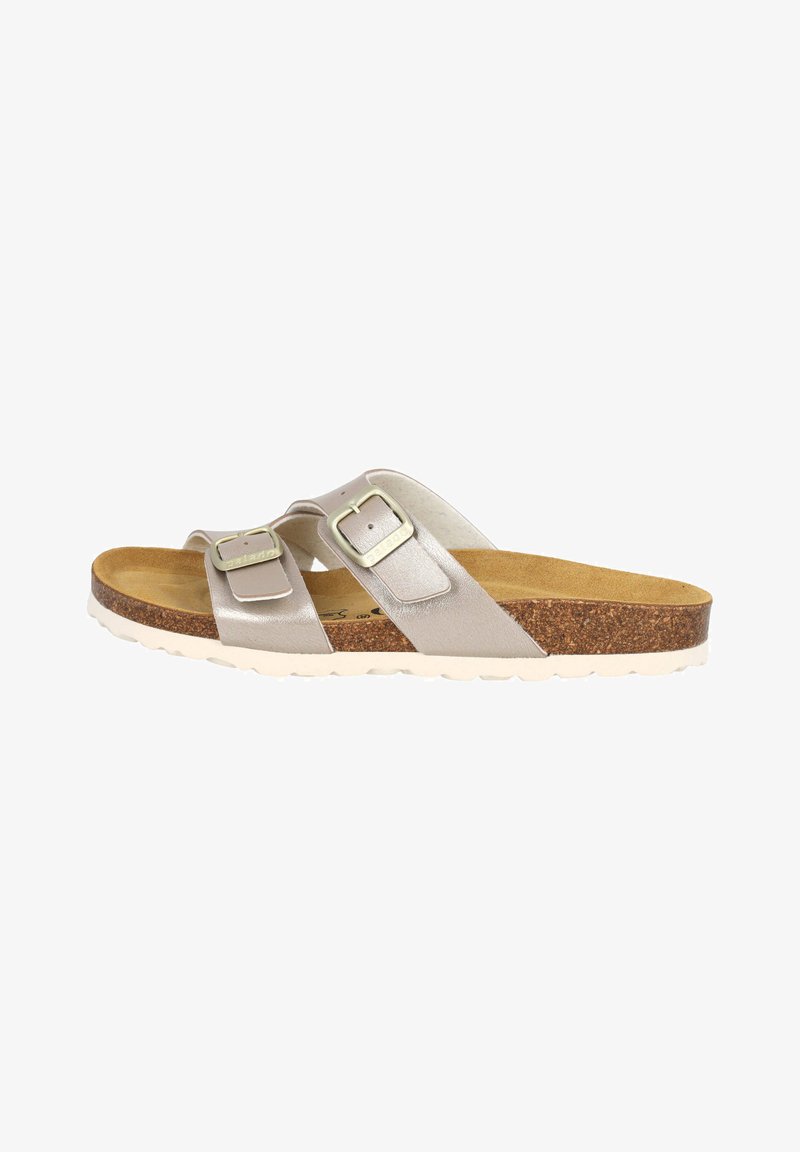 Zilveren slipper sandalen met twee verstelbare banden, voorzien van metalen gespen, een kurken voetbed en een flexibele witte rubberen zool.