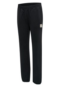 Czarne zwężane spodnie dresowe z elastycznym pasem i ściągaczami, z małym prostokątnym logo naszytym na górnej części uda.