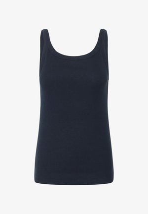 Tamno plavi top bez rukava izrađen od rebraste tkanine, s okruglim dekolteom i širokim naramenicama, s prilagođenim siluetom i čistim rubom.