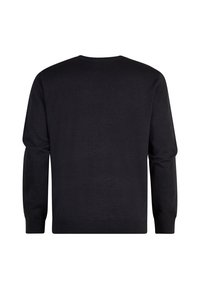 Pulover tricotat negru cu mâneci lungi, decolteu rotund, manșete și margine ribbed, textură netedă și un design simplu, fără ornamente.