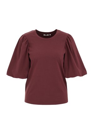 T-shirt bourgogne à manches courtes avec manches bouffantes, col rond, fabriquée en coton doux, présentant une coupe décontractée et une texture lisse.