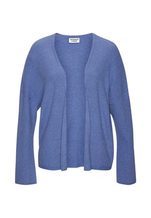 Helles blaues, gestricktes Cardigan mit offenem Vorderteil, langen Ärmeln und gerippter Textur. Einfaches Design, ohne Verschlüsse oder Verzierungen.