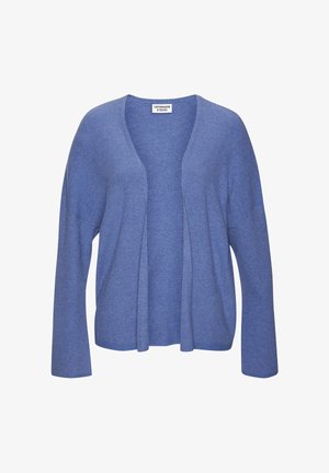 Light blue, knitted cardigan with an open front, long sleeves, and ribbed texture. Simple design, no fastenings or embellishments.
