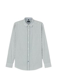Langärmeliges gestreiftes Hemd in Weiß und Marineblau. Vorderseite mit Knöpfen, spitzem Kragen und abgerundetem Saum. Verfügt über vertikale Linien und eine leichte Textur.