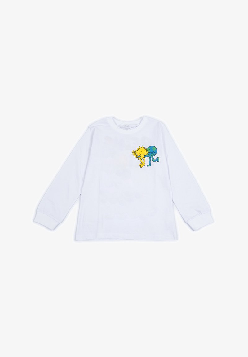 T-shirt bianco a maniche lunghe in cotone, con un design colorato di cartone animato che rappresenta un sole giallo e un personaggio della terra blu sul lato sinistro del petto.