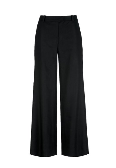 Pantalon noir à jambes larges avec passants pour ceinture, couture frontale et taille haute.