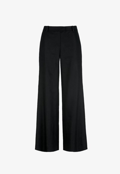Pantalon noir à jambes larges avec passants pour ceinture, couture frontale et taille haute.