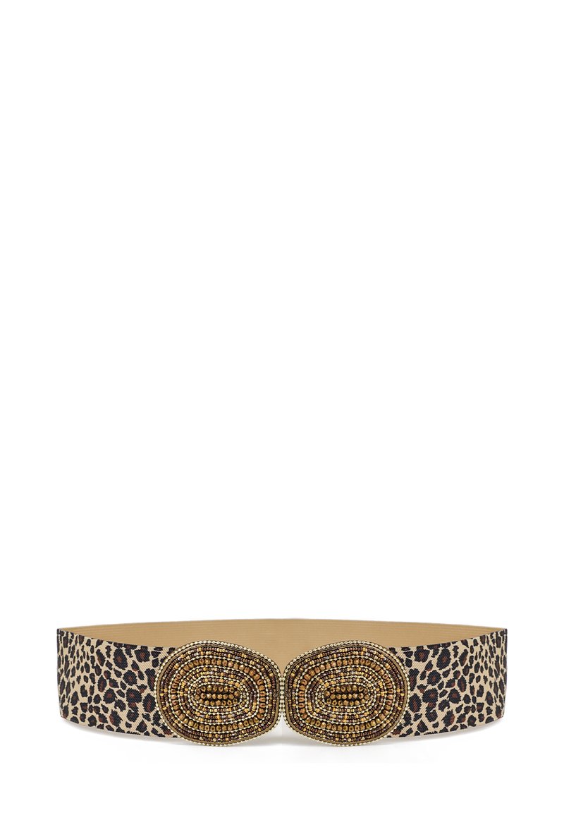 Cintura in tessuto con stampa leopardata, dotata di doppie fibbie ovali in perline nei toni dell'oro e del marrone, con dettagli testurizzati e un design ampio.