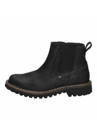 Schwarze Leder-Ankle-Boots mit elastischen Seitenpaneelen, strukturiertem Besatz, Gummisohle mit gerilltem Muster und kontrastierenden blauen Nähten.