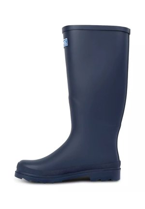 Bota de agua alta de goma azul marino con suela texturizada y pequeño logotipo cerca de la parte superior en el lado exterior.