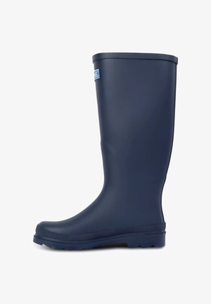 Hoge marineblauwe rubberen regenlaars met een gestructureerde zool en een klein logo vlak bij de bovenkant aan de buitenkant.