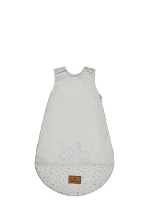 Light gray baby sleeping bag with snap buttons, featuring a blue dinosaur design and a dotted patterned bottom. Leather logo patch included.