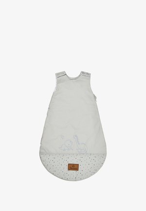 Helles grauer Babyschlafsack mit Druckknöpfen, der ein blaues Dinosaurierdesign und einen gepunkteten Boden aufweist. Leder-Logo-Patch enthalten.