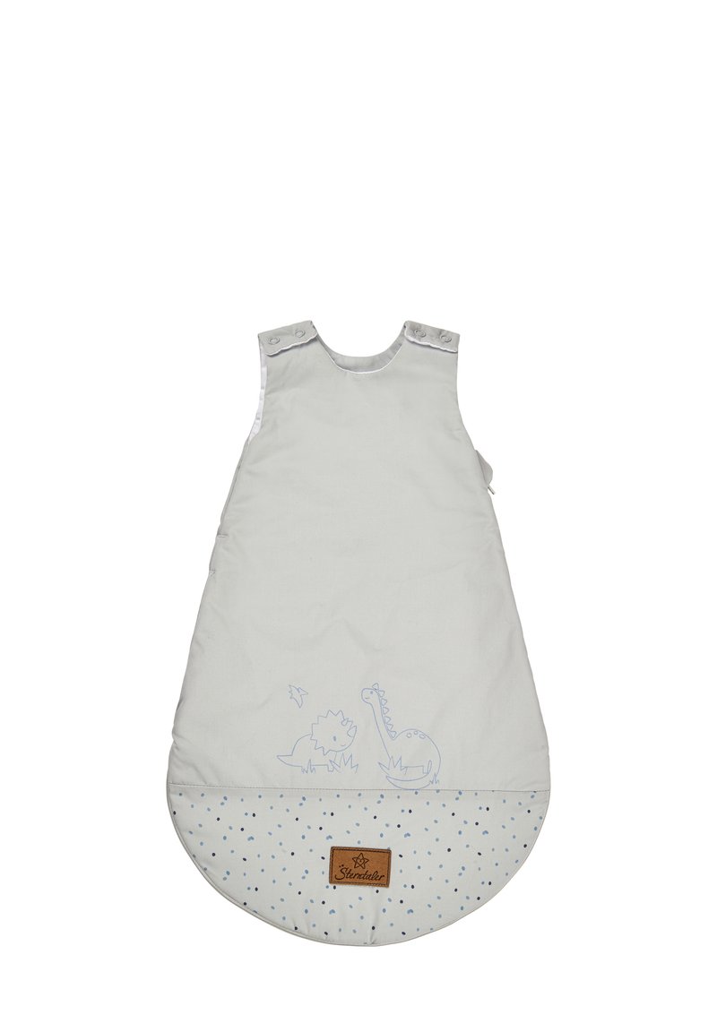 Helles grauer Babyschlafsack mit Druckknöpfen, der ein blaues Dinosaurierdesign und einen gepunkteten Boden aufweist. Leder-Logo-Patch enthalten.