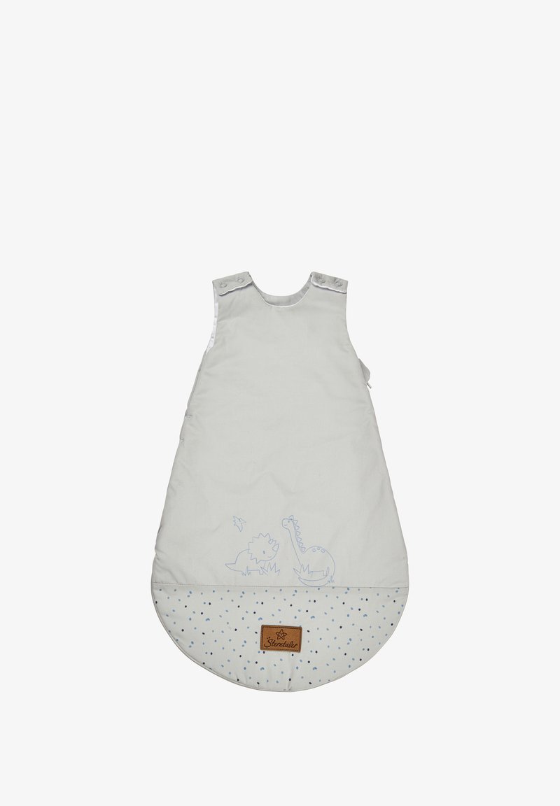 Light gray baby sleeping bag with snap buttons, featuring a blue dinosaur design and a dotted patterned bottom. Leather logo patch included.