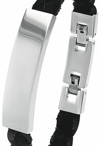 Bracciale in pelle intrecciata nera con chiusura in metallo lucido silver e centro rettangolare; presenta un robusto meccanismo di bloccaggio.