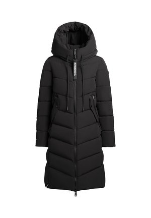 Cappotto gonfiabile nero con cappuccio, dotato di zip frontale, cordino elastico e motivo a diamond quilt. Include tasche laterali.