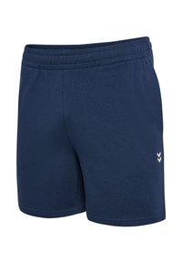 Pantalones cortos deportivos azul marino de algodón, con cintura elástica y un logotipo sutil en gris claro en el lado izquierdo.