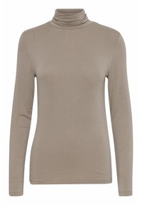 Top de cuello alto de manga larga color beige, hecho de una tela suave y elástica con un diseño ajustado y textura lisa, que presenta un escote alto.