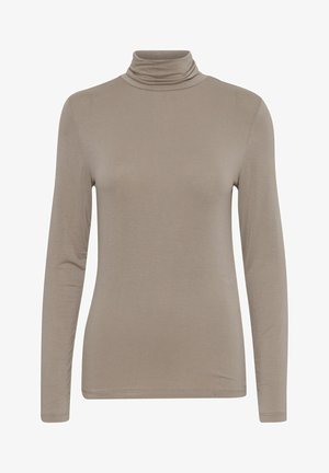 Top de cuello alto de manga larga color beige, hecho de una tela suave y elástica con un diseño ajustado y textura lisa, que presenta un escote alto.