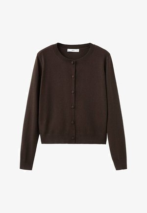 Cárdigan de punto marrón con cuello redondo, mangas largas y seis botones en la parte delantera. Textura suave y dobladillo acanalado.