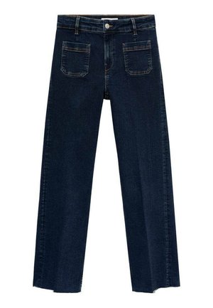 Jean large en denim bleu foncé, avec fermeture à bouton, cinq poches et détails de couture subtils. Coupe droite au bas.
