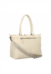 Borsa a mano in pelle beige con due manici e una tracolla staccabile. Presenta una chiusura superiore con zip e dettagli di cucitura sulla parte frontale.