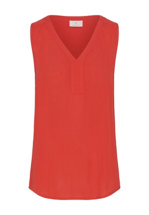 Červená blúzka bez rukávov s výstrihom do V a prešitým vertikálnym detailom pod výstrihom, vyrobená z ľahkej látky.