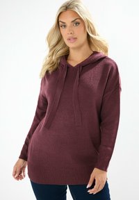 Bordeaux hoodie-tröja med strukturerad stickning, snörning och ribbade ärmslut och fåll. Designad för en avslappnad passform, med en V-ringning.