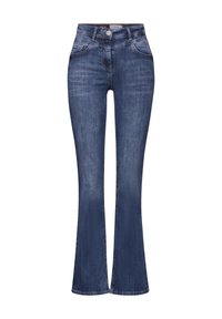 Vaqueros acampanados de denim de lavado oscuro, con cintura alta, cinco bolsillos y costuras en contraste. Textura suave con un acabado liso.
