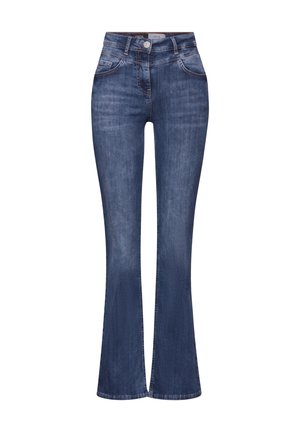 Jeans évasés en denim lavé foncé, dotés d'une taille haute, de cinq poches et de coutures contrastées. Texture douce avec une finition lisse.
