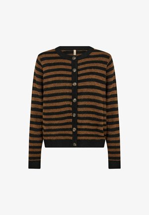 Cardigan a righe in nero e marrone, con collo tondo, bottoni frontali e polsini e orlo a costine. Tessuto morbido con una vestibilità ampia.