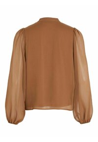 Blouse marron à manches longues avec manches bouffantes transparentes et dos texturé uni, dotée d'un col rond et de poignets élastiques.
