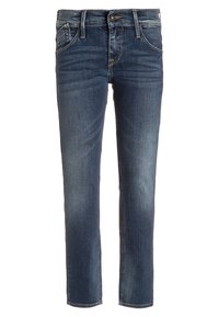 Tmavě modré džínové kalhoty s rovnými nohavicemi, středně vysokým pasem, pěti kapsami a jemným vyblednutím v oblasti kolen.