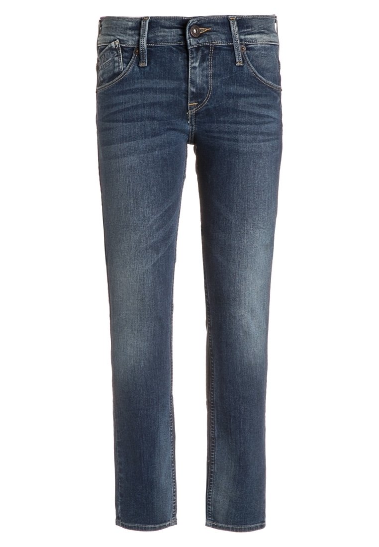 Tmavě modré džínové kalhoty s rovnými nohavicemi, středně vysokým pasem, pěti kapsami a jemným vyblednutím v oblasti kolen.