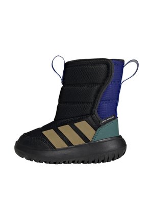 Black padded boot with blue and green accents, features three diagonal gold stripes, and a textured rubber sole. Water-repellent material.