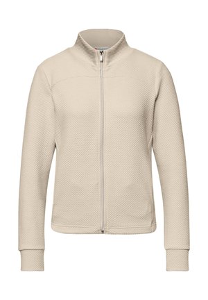 Béžová strukturovaná bunda na zip s dlouhými rukávy, stojáčkovým límcem a žebrovanými manžetami, navržená pro každodenní nošení.