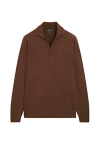 Brauner Pullover aus weichem Stoff, mit weitem Kragen, langen Ärmeln und geripptem Saum. Keine sichtbaren Muster oder Akzente.