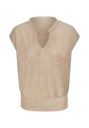 Top de punto beige sin mangas con dobladillo acanalado y escote en V con un pequeño detalle de cadena dorada a lo largo de la abertura.