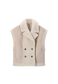 Gilet sans manches en shearling beige avec un large col à revers et une fermeture à double boutonnage, dotée de panneaux doux et texturés.