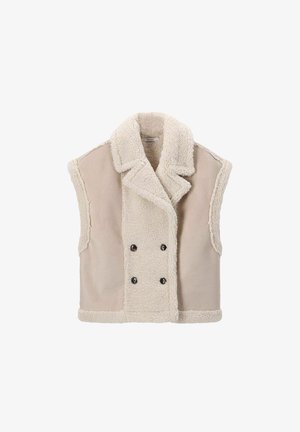 Mouwloos beige sherpa vest met brede reverskraag en dubbele knoopsluiting, voorzien van zachte, getextureerde panelen.