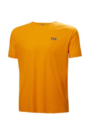 Leuchtend orangefarbenes kurzärmeliges Sport-T-Shirt mit Rundhalsausschnitt und kleinem dunklem "HH"-Logo auf der linken Brust.