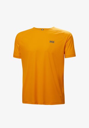 Leuchtend orangefarbenes kurzärmeliges Sport-T-Shirt mit Rundhalsausschnitt und kleinem dunklem "HH"-Logo auf der linken Brust.