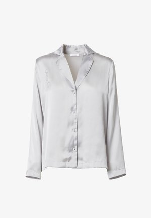 Light gray satin blouse with long sleeves, a notched collar, front button closure, and a smooth, glossy texture.