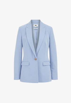 Hellblaues Blazer mit einem Einzelknopfverschluss, schmalen Revers und zwei Vordertaschen. Glattes Material und taillierte Passform mit minimalistischem Design.