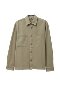 Khaki skjorta med knappar och krage, två frambukspocketar och långa ärmar. Tillverkad av textil med struktur och avslappnad passform.