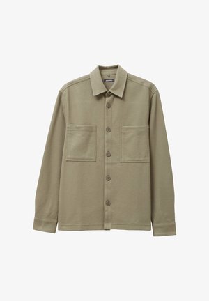 Khakifarbenes Hemd mit Knopfleiste und Kragen, zwei aufgesetzten Brusttaschen und langen Ärmeln. Hergestellt aus strukturiertem Stoff mit einer lässigen Passform.