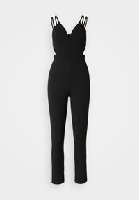 Black sleeveless jumpsuit with deep V-neck, double shoulder straps, cut-out sides, and a fitted waist, displayed on a white background.